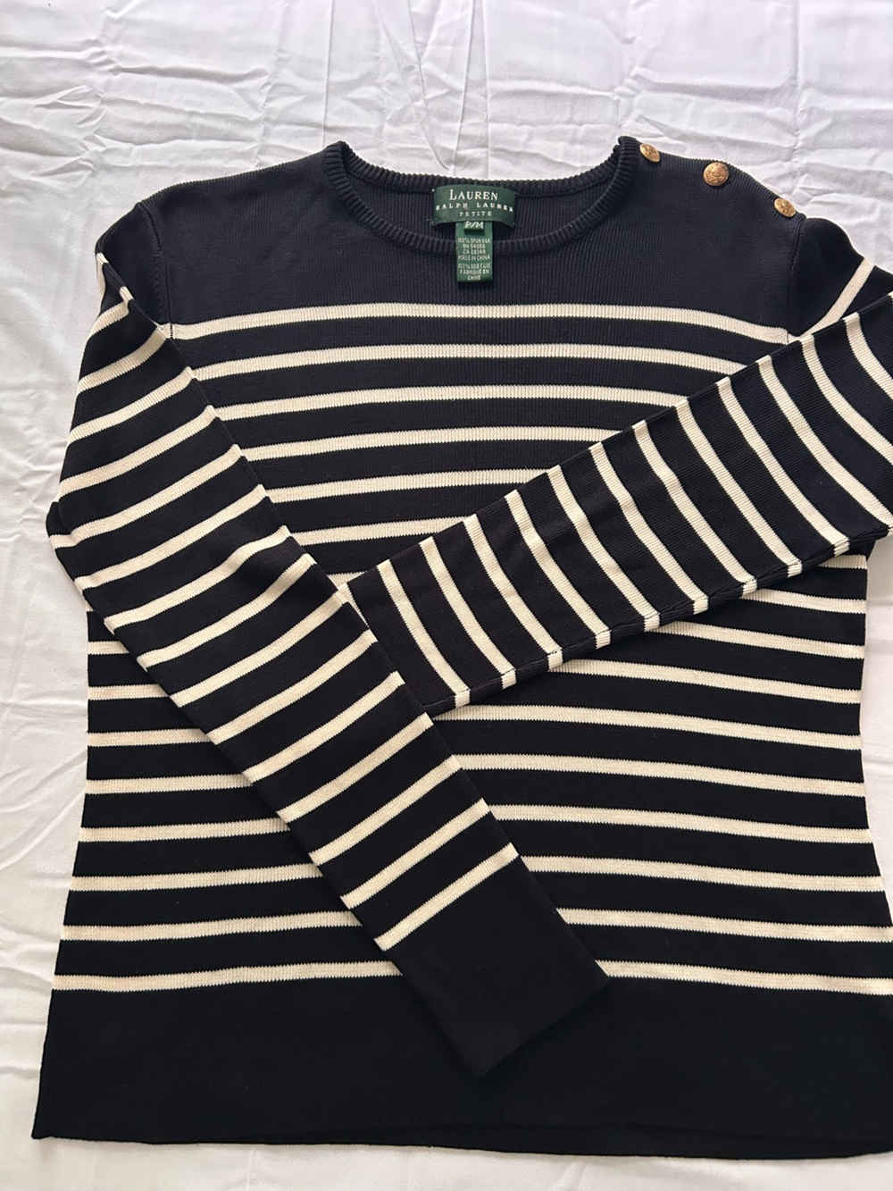 Ralph Lauren Navy and Cream Striped Crewneck Sweater